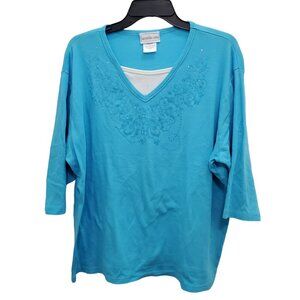 Morning Sun Woman's Vintage Blue Gem 3/4 Sleeve Grandmacore‎ Top Plus Size 3X